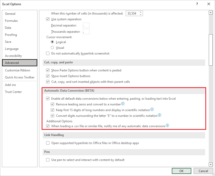 Configurações de conversão automática de dados no Excel