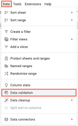 Validação de dados no menu Dados