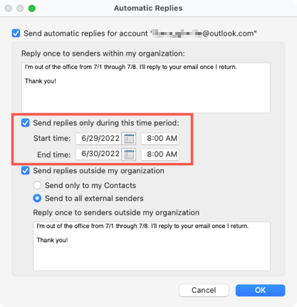 Datas para respostas automáticas no Mac