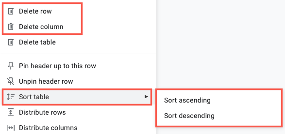 Excluir uma linha ou coluna e opções de classificação de tabela