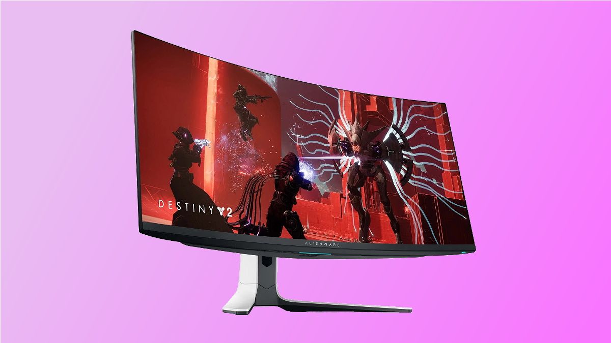 Dell Alienware AW3423DW em fundo rosa