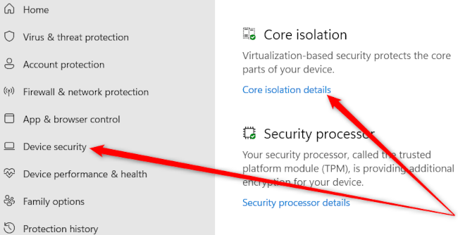 Uma parte do aplicativo Segurança do Windows com duas setas vermelhas apontando para a opção de menu Segurança do dispositivo e a opção Core Isolation