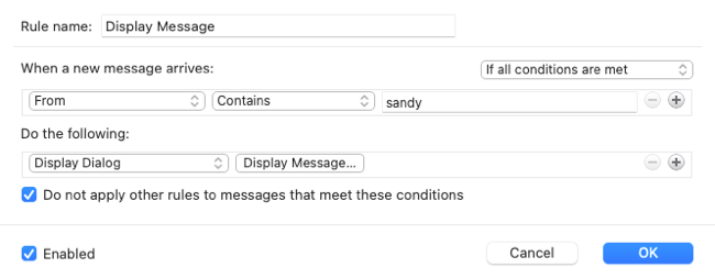 Tela de configuração final para uma regra de exibição de mensagens no Outlook