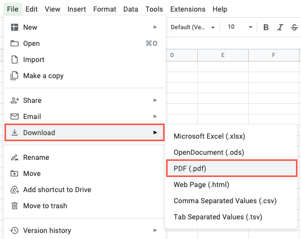 PDF no menu de download do Planilhas Google