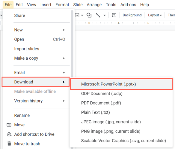 Microsoft PowerPoint no menu de download do Apresentações Google