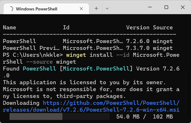 Winget baixando uma nova versão do PowerShell do GitHub.