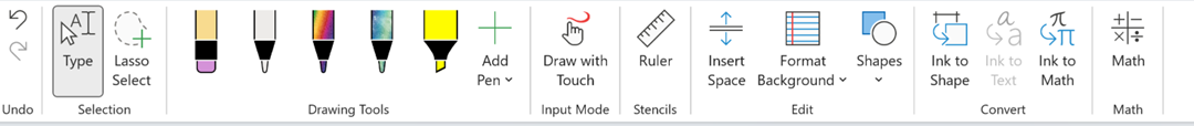 Captura de tela da guia Desenhar no OneNote