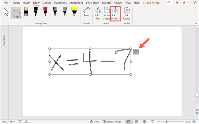 Ink to Math para a equação selecionada no PowerPoint