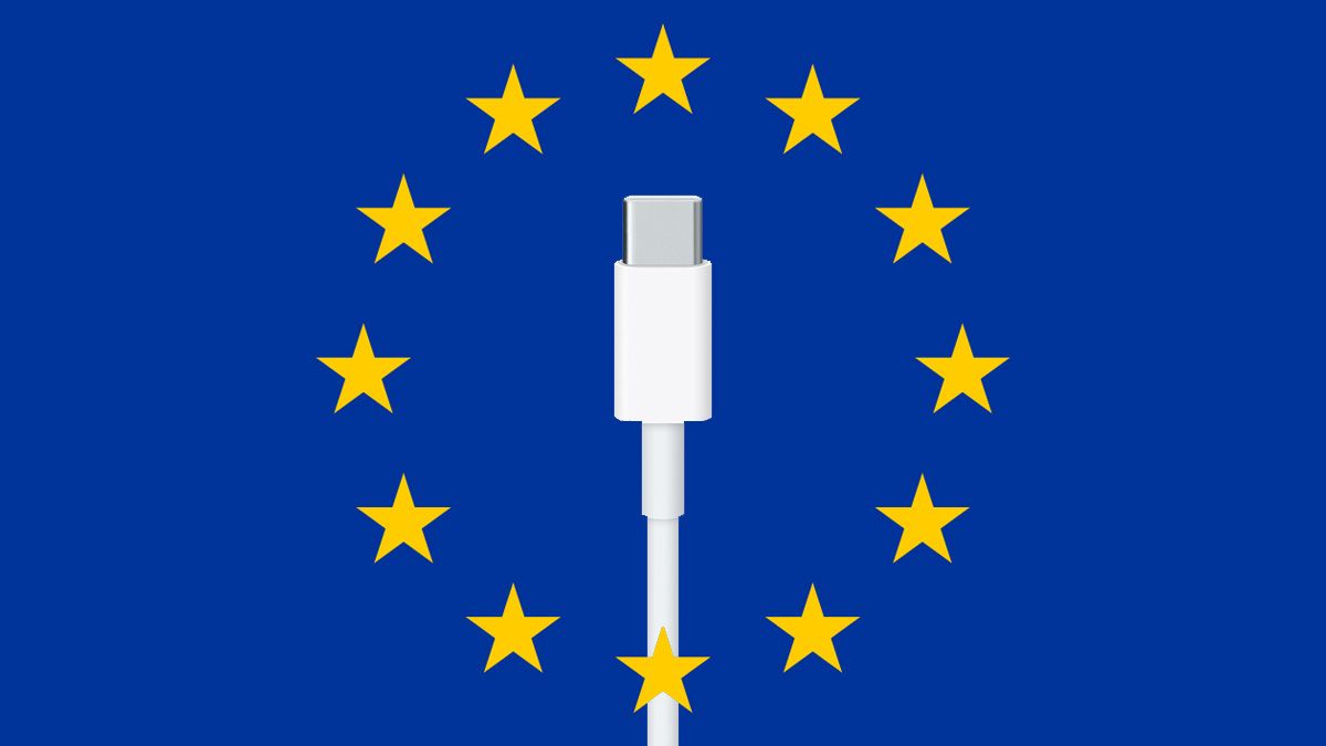 Bandeira da União Europeia com um cabo USB tipo C