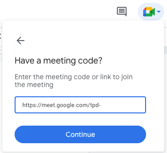 Código do Google Meet ou caixa de link para participar