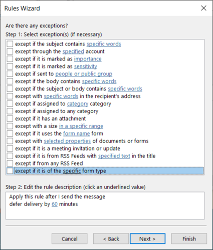 Exceções para uma regra do Outlook