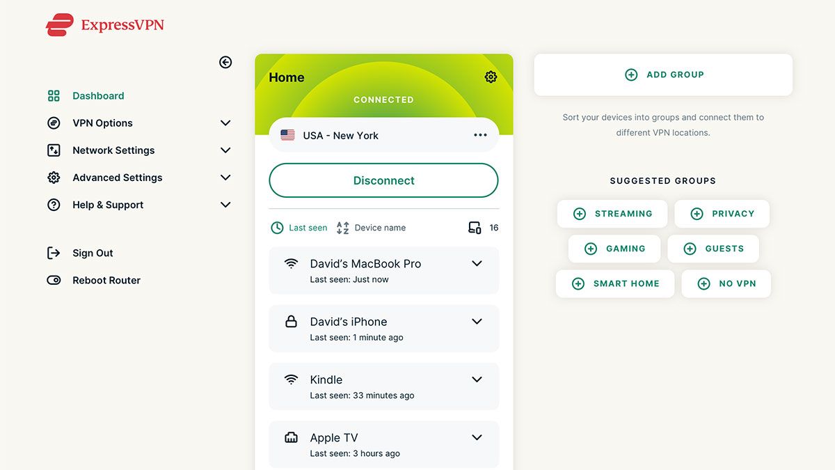 Layout do aplicativo mostrando diferentes recursos da ExpressVPN