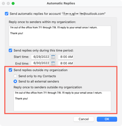 Envie respostas externas no Outlook no Mac