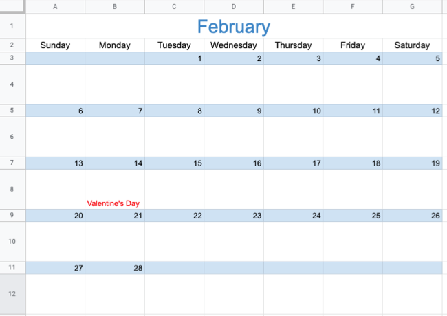 Calendário de fevereiro no Planilhas Google