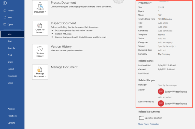 Propriedades na seção Informações de um documento do Word