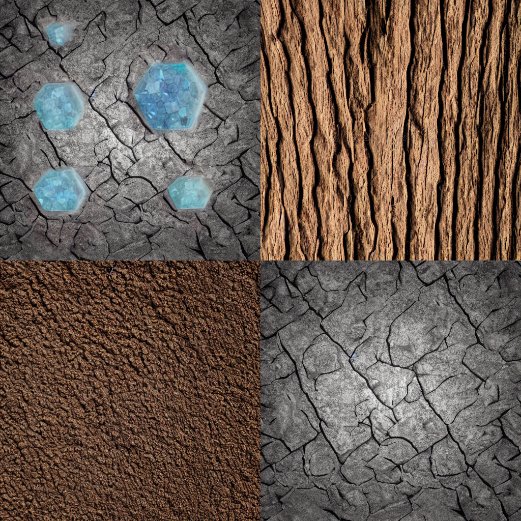 As quatro texturas que geramos: minério de diamante, carvalho, terra e pedra.