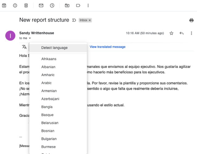 Da lista de idiomas para tradução no Gmail