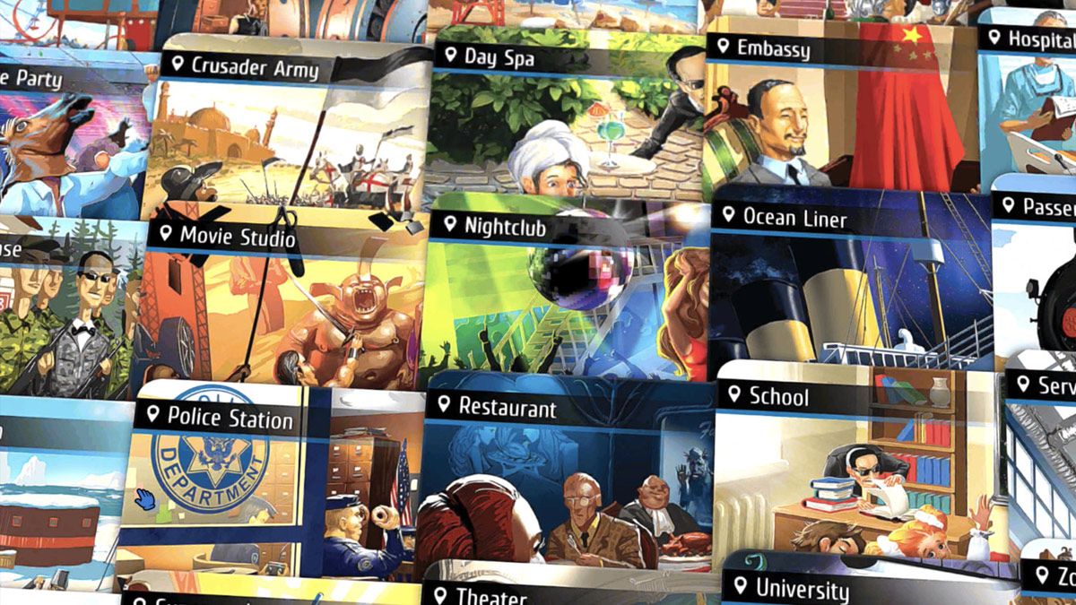 Cartões de localização do jogo Spyfall mostrando aos jogadores onde eles estão no mundo.