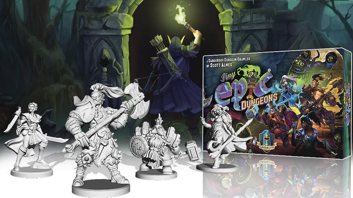 Figuras de fantasia e capa do jogo Tiny Epic Dungeon.