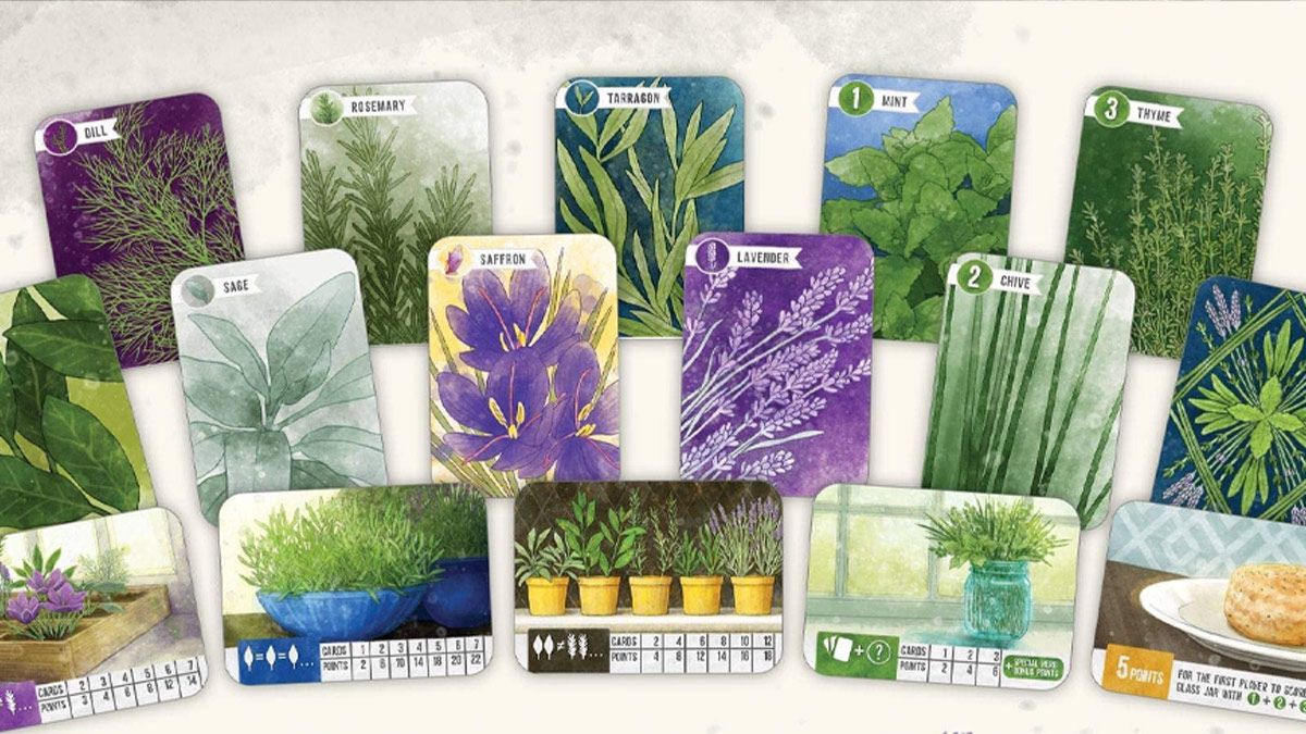 As cartas coloridas de ervas do jogo Herbaceous.