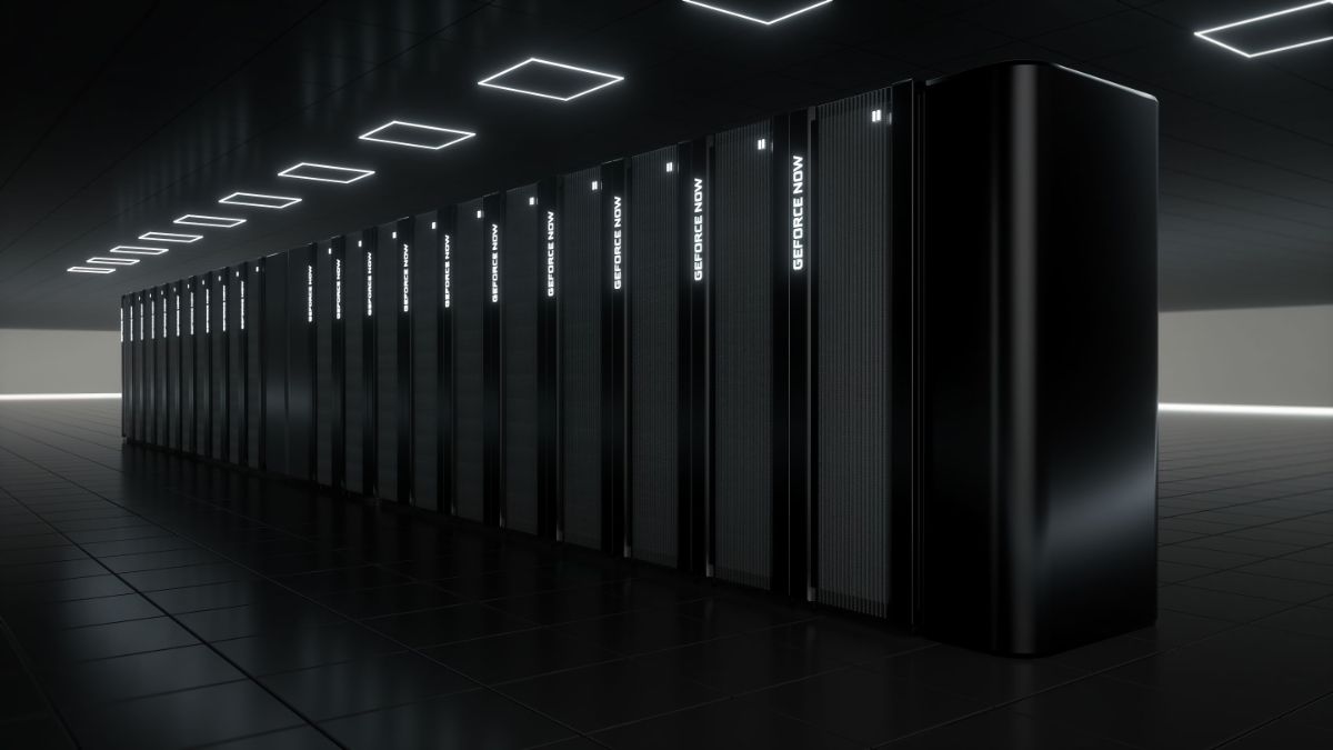 Sala de servidores com sistema de servidor GeForce NOW SuperPOD no meio