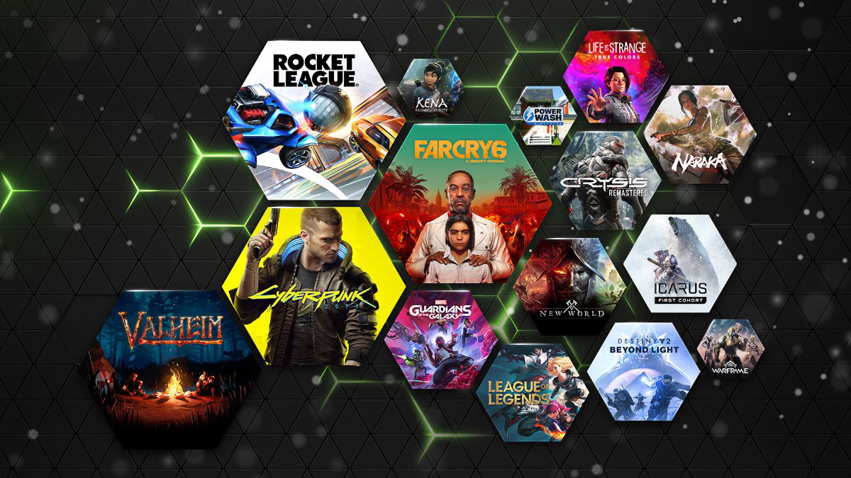 Colagem com Valheim, Cyberpunk, Rocket League, Kena: Bridge of Spirits, Far Cry 6, Guardians of the Galaxy, PowerWash Simulator, Crysis Remastered, New World, League of Legends, Destiny 2: Beyond Light, Life is Strange: True Colors, Naraka: BladePoint, Icarus: Primeira Coorte e Warframe