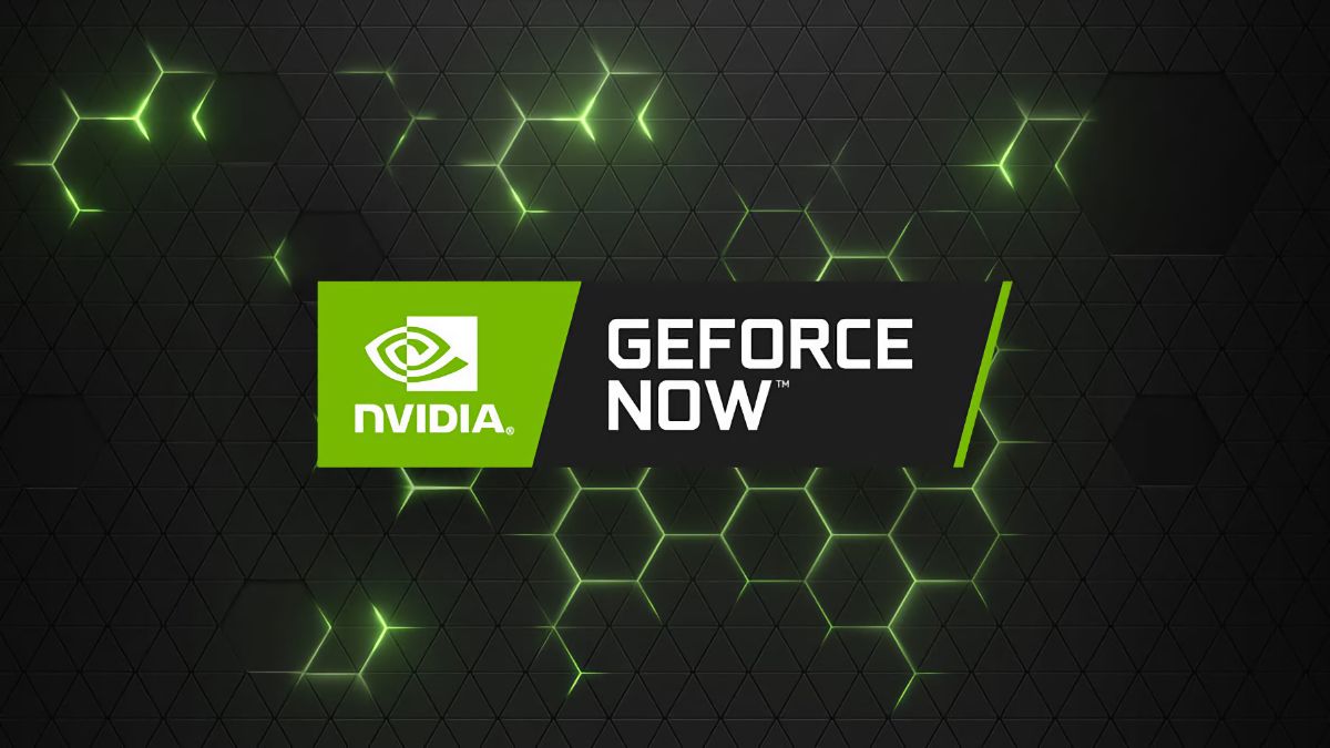 Logotipo GeForce Now em um fundo de favo de mel verde e cinza