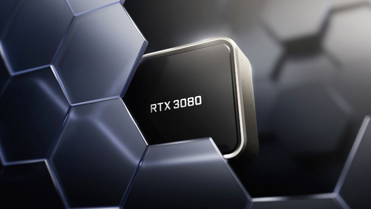 GPU GeForce RTX 3080 atrás de uma parede de favo de mel