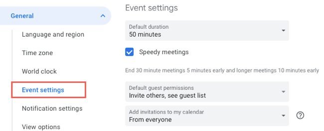 Configurações de eventos em Geral nas configurações do Google Agenda