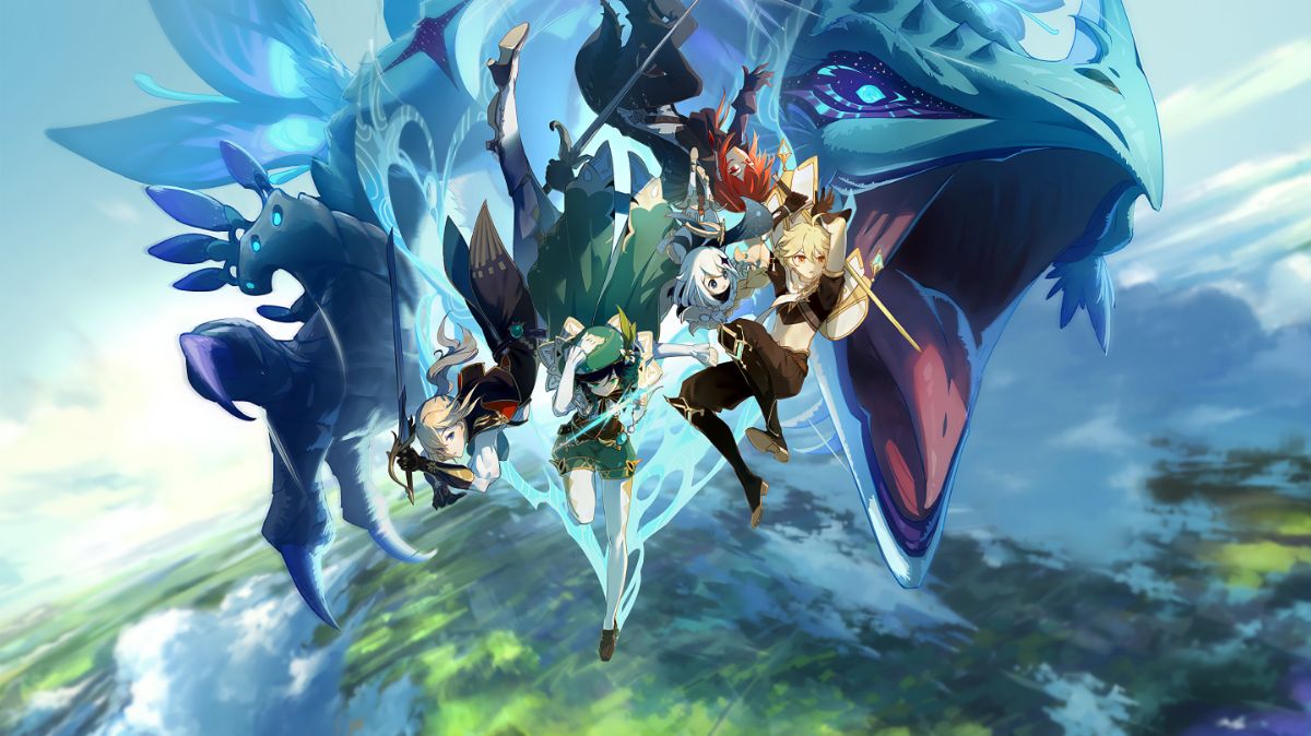 Personagens Genshin Impact flutuando acima de um mapa colorido