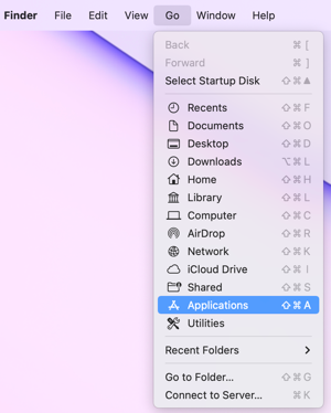 Vá, Aplicativos no menu Mac Finder