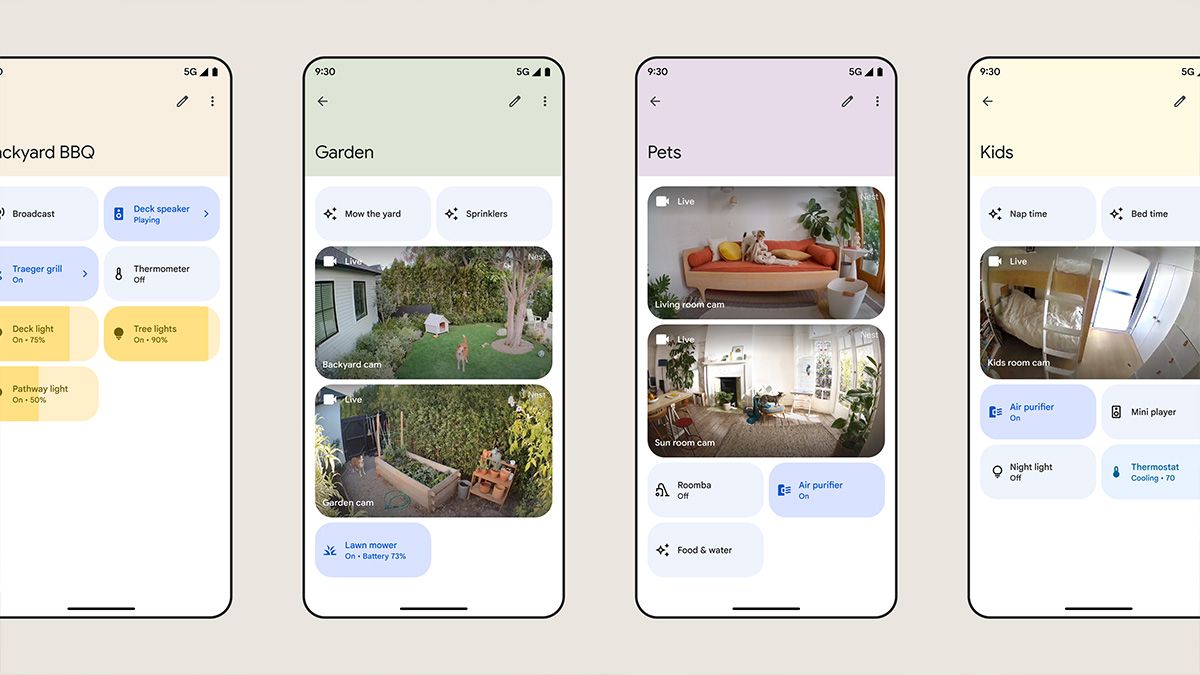 Capturas de tela da nova interface do aplicativo Google Home mostrando o próximo recurso de organização do Spaces.