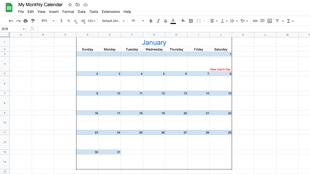 Calendário mensal do Planilhas Google