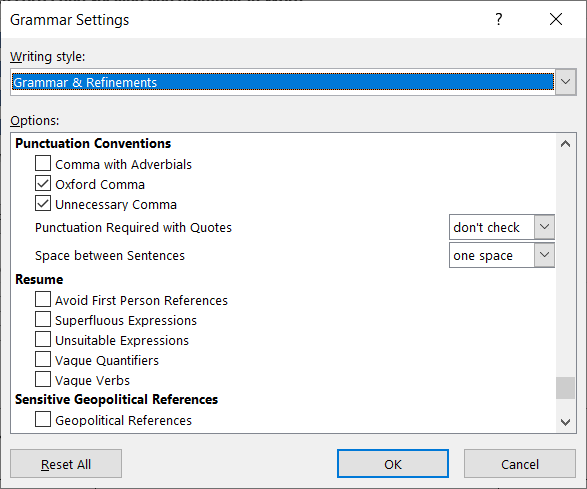 Configurações adicionais de gramática no Word