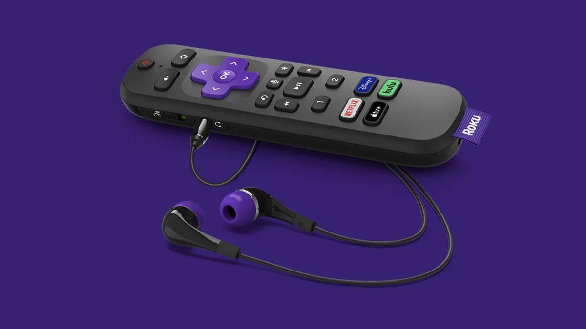 Um controle remoto Roku com entrada para fone de ouvido.