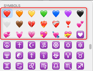 Corações no teclado emoji do Mac.