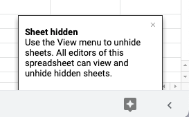 Mensagem de planilha oculta no Planilhas Google