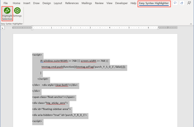 Seleção de destaque na guia Easy Syntax Highlighter