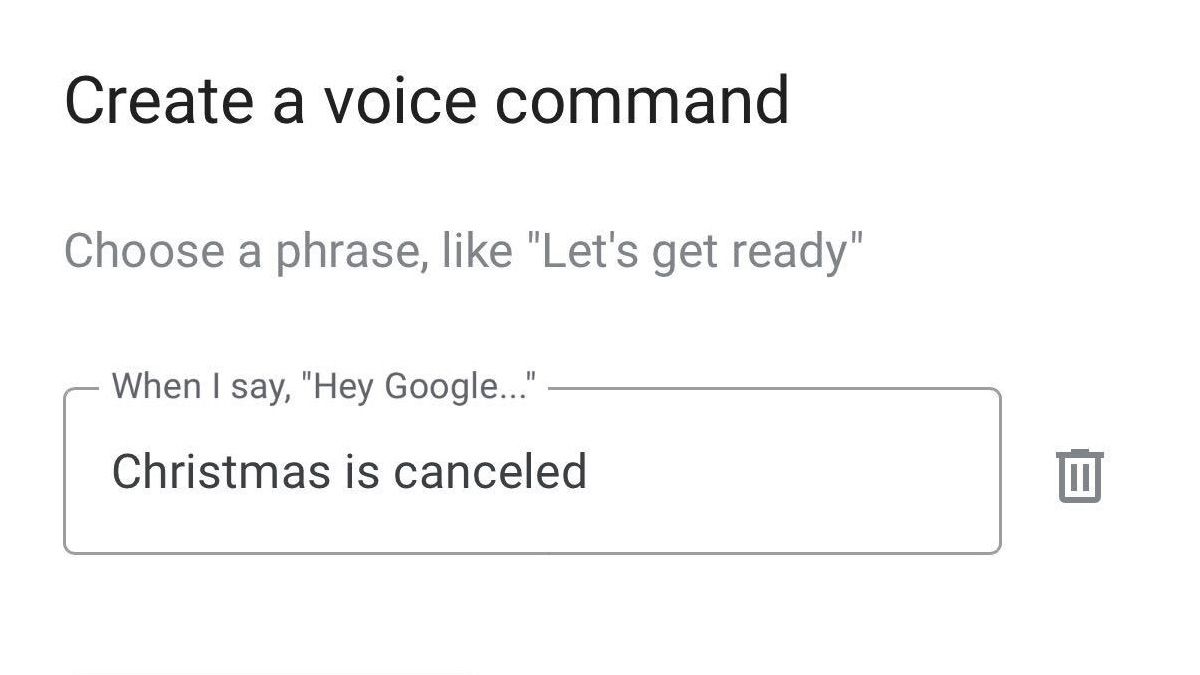 Um exemplo de gatilho de comando de voz do Google Home que apaga as luzes de Natal.