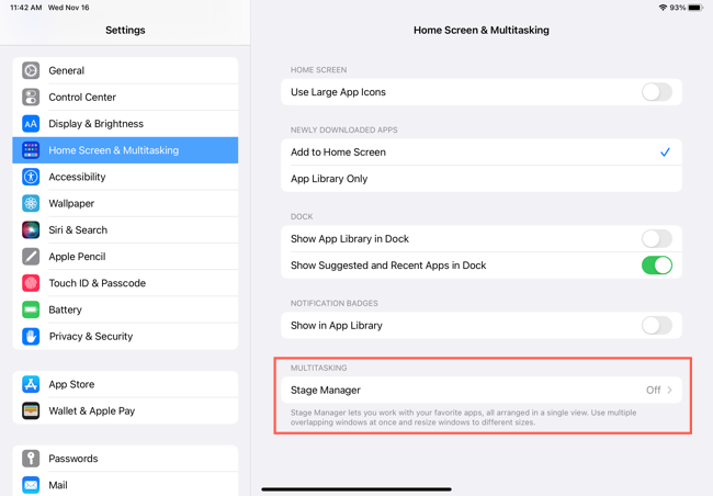 Stage Manager na tela inicial e configurações de multitarefa