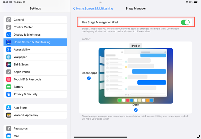 Alterne para ativar o Stage Manager nas configurações