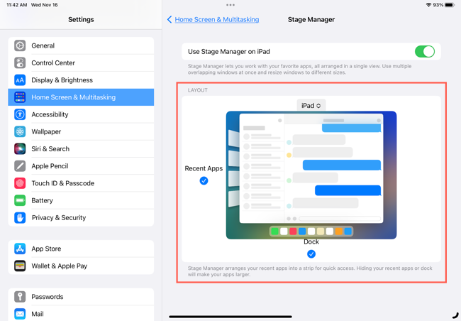 Layout do gerenciador de palco nas configurações