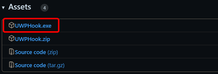 Visite a página Github do UWPHook e role para baixo até Ativos, baixe o arquivo exe UWPHook e instale-o em seu PC