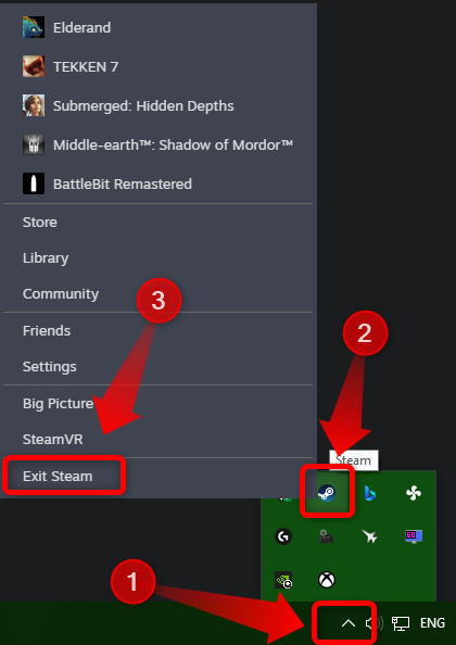 Desligue o Steam clicando no centro de notificação da barra de tarefas, clicando com o botão direito no ícone do Steam e clicando no botão Sair do Steam