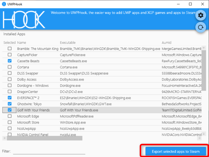 Assim que o UWPHook terminar de vasculhar seu sistema em busca de jogos e aplicativos UWP, selecione os jogos que deseja adicionar ao Steam e clique no botão Exportar aplicativos selecionados para o Steam
