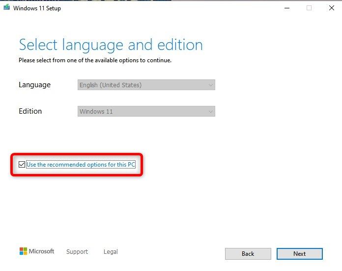 Selecione as opções recomendadas ao criar o arquivo ISO do Windows 11