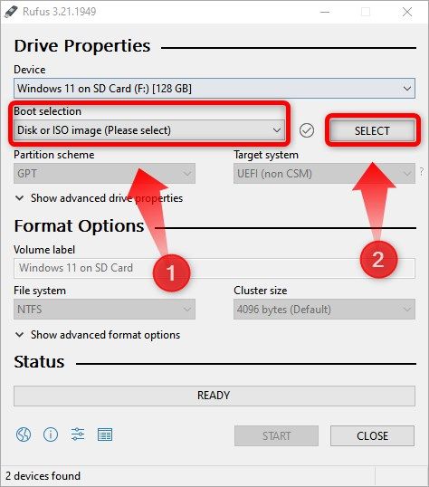 Você deve escolher a opção Disco ou Imagem ISO e, em seguida, selecionar o arquivo ISO do Windows e abri-lo