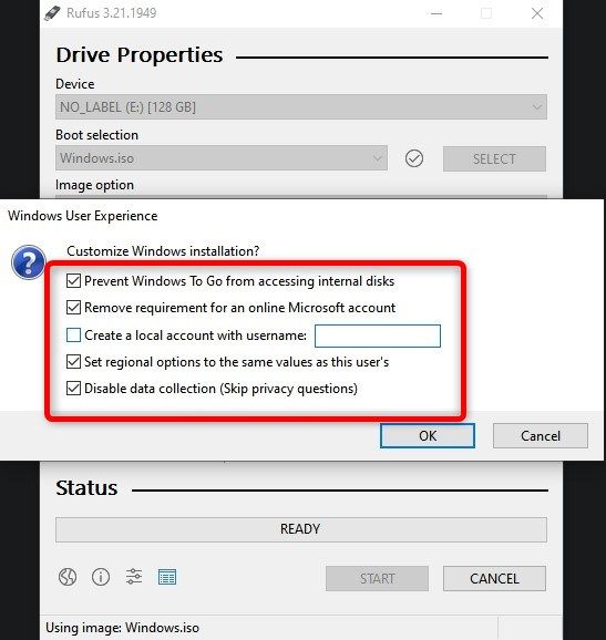 Mostrando quais opções de experiência do usuário do Windows devem ser verificadas antes que Rufus comece a criar uma instalação inicializável do Windows 11 no cartão MicroSD