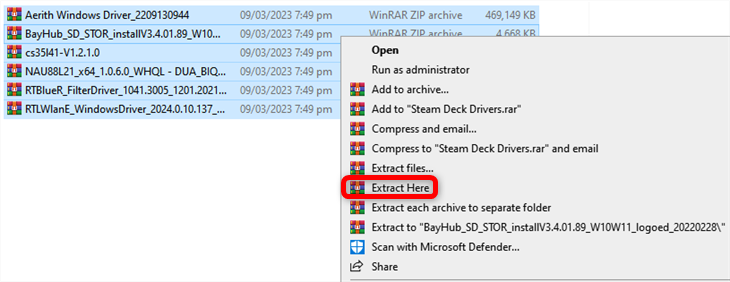 Você deve extrair os seis arquivos de drivers do Steam Deck para Windows na mesma pasta em que os baixou