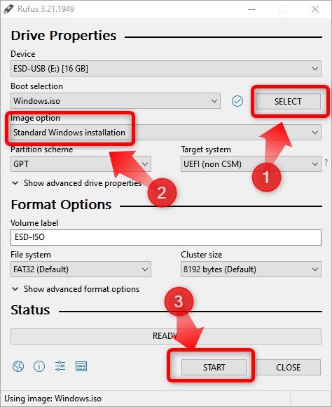 Você deve escolher a opção Instalação padrão do Windows ao criar uma unidade flash USB inicializável que contém a instalação do Windows 11
